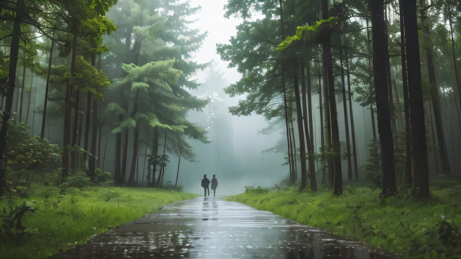 A scene of rain falling in the forest, no people, birds included