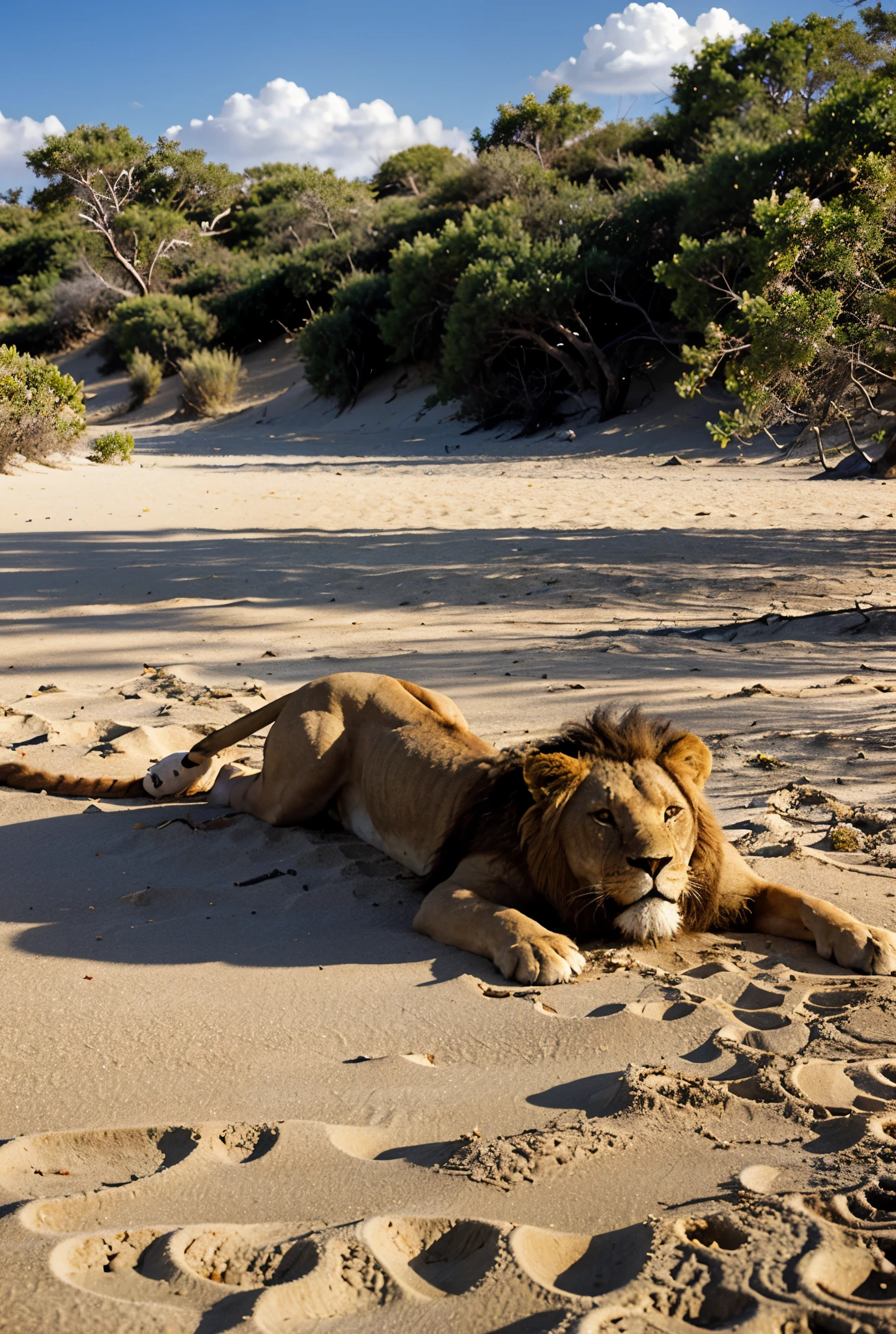Desert island, soleil magnifique, deserted beach, a lion lying on the beach, 