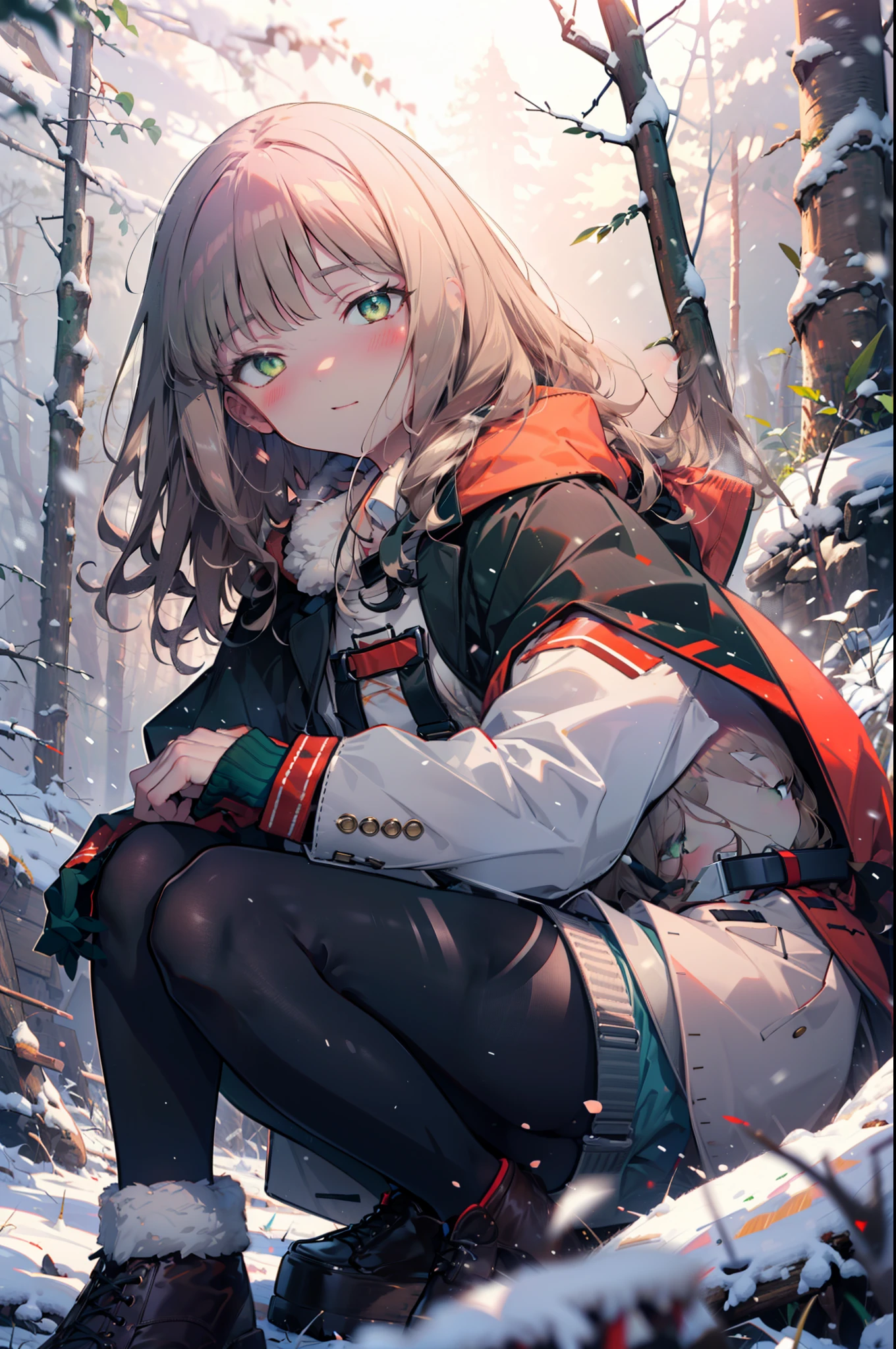 minami yume ,sss Dynazenon ,Long Hair, Brown Hair, (Green Eyes:1.5) ,Center of chest,smile,blush,White Breath,
Open your mouth,snow,Ground bonfire, Outdoor, boots, snowing, From the side, wood, suitcase, Cape, Blurred, forest, White handbag, nature, Squat, Mouth closed, フードed Cape, winter, Written boundary depth, Black shoes, red Cape break looking at viewer, Upper Body, whole body, break Outdoor, forest, nature, break (masterpiece:1.2), highest quality, High resolution, unity 8k wallpaper, (shape:0.8), (Beautiful and beautiful eyes:1.6), Highly detailed face, Perfect lighting, Highly detailed CG, (Perfect hands, Perfect Anatomy),