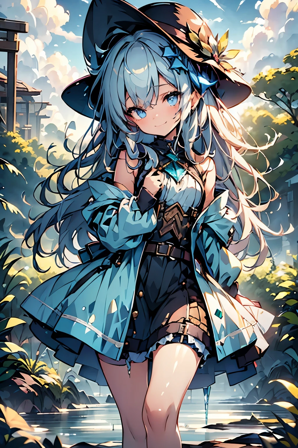 loli, leprechaun, white hair: long, blue eyes, small breasts, vest, garter, hair accessories, seductive smile, gaze, head tilt, behind arms, (slim), (thin legs: open legs), high detail, best quality, masterpiece, detailed ice, cumulonimbus clouds, beautiful details glow, ice crystal textured wings