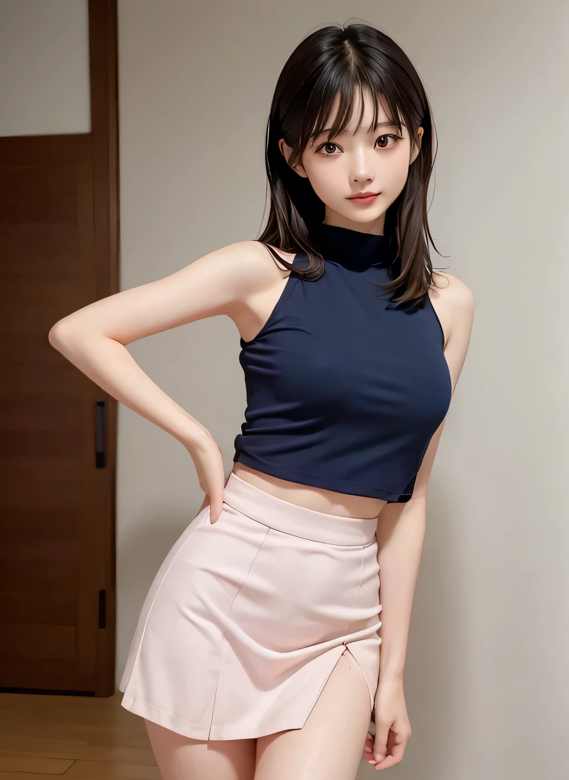 (masterpiece:1.3)、、Shapely small breasts、slender、Slim body、Very fine finish、(High resolution、8k:1.3)、highest quality、Beautiful Hands、Beautiful Hands指、(Ultra-realistic as a photo:1.3), Ultra High Resolution Face、The face is in focus、Ultra high definition and beautiful eyes、(Concentrated eyes:1.3)、(Eyes are symmetrical:1.3)、High quality and beautiful skin、Firm Skin、Natural Makeup、Gloss lips, Ultra HD Hair Texture、Japanese women、high school girl、(超High resolution)),8K,14 years oldward to reveal cleavage、Small breasts、Flat Chest、Small breasts, , Very short hairstyle, Blue mini skirt, Navy blue Y-shirt、Small breasts cleavage 2:1,Idol Sculpture, Wet, smile、Pink wall、sexy、slender、Well-shaped small breasts、I can see your thighs,Nogizaka Idol、smile、cute、