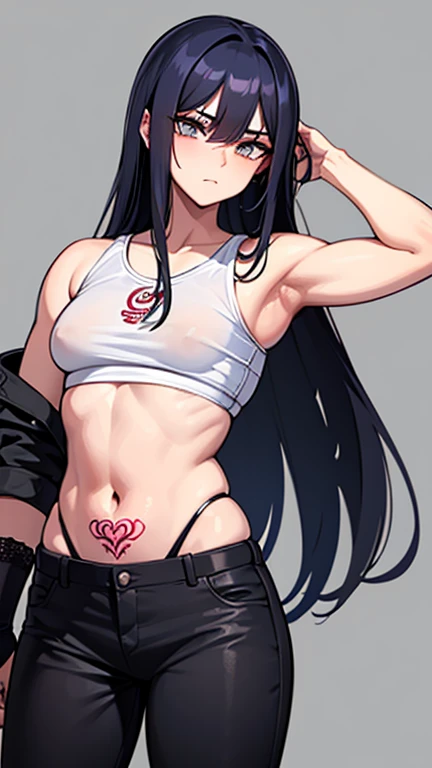1 65 de altura cabelo longo rabo de cavalo olhos castanho palpebras dupla rosto detalhado boca pequena nariz normal, peito grande, bunda media corpo sarada,tattoo on the arm torn clothes shirt with holes pants with deviated spikes ,tenis de skatista branco,segurando uma foice ,pose de bad boy ,fundo um carro preto
