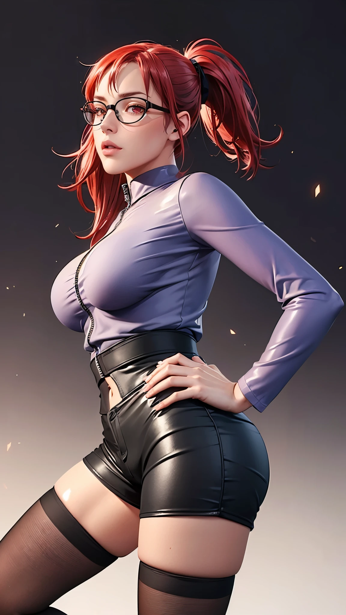 （（（完美figure，figure，solo， White and tender skin，（（（Cyberpunk，purple jacket,long shirt，navel，black shorts，black thighhighs，zipper ））），（（（karinuzumaki，red hair，long hair，glasses，red eyes，Ponytail））），((masterpiece)),high resolution, ((Best quality at best))，masterpiece，quality，Best quality，（（（ Exquisite facial features，Looking at the audience,There is light in the eyes，(（（lol，Happy，blush））），））），（（（Light and shadow，Huge breasts））），（（（Looking at the camera，black background，Bend forward)）））