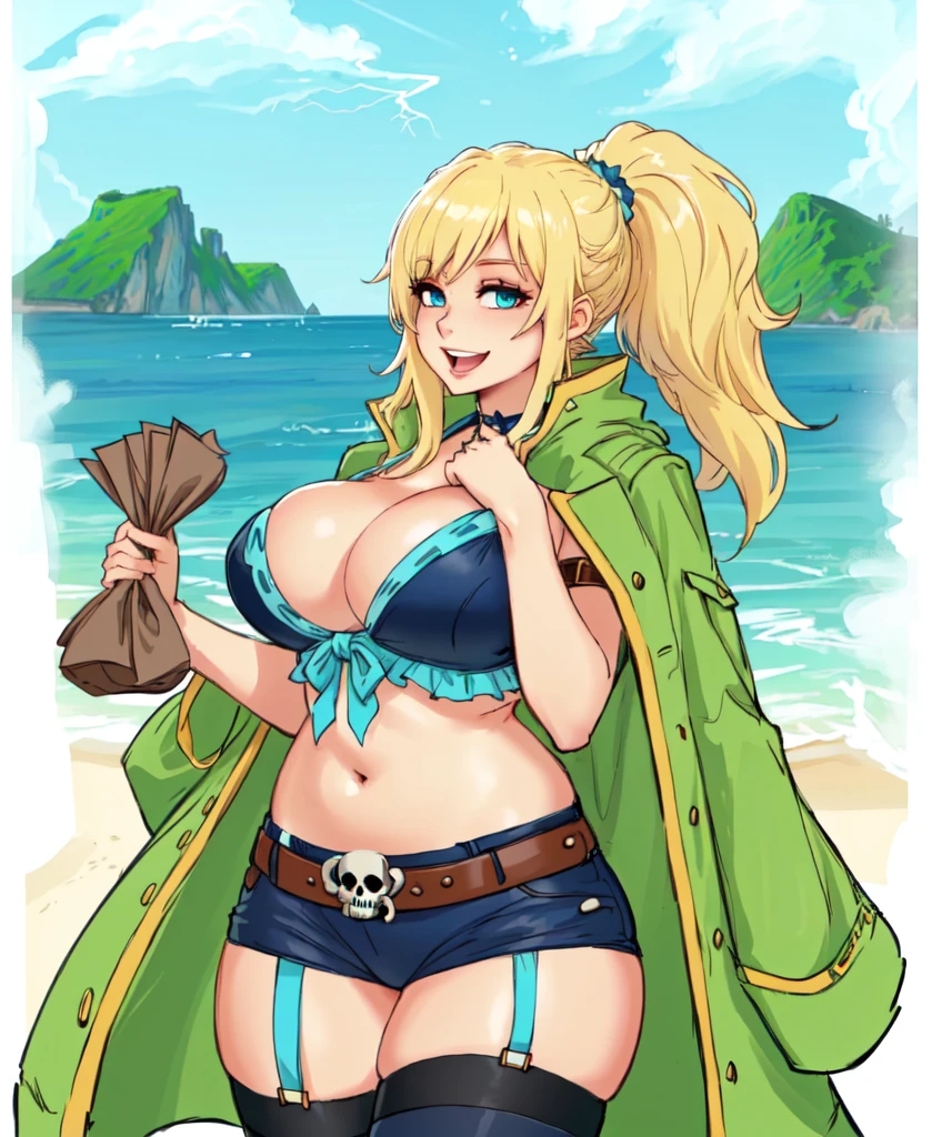 art by Kipteitei, (masterpiece, best quality, amazing lightning), blonde hair, wavy long hair, ponytail, happy expression, skull belt buckle, frilly black and blue bikini, thigh highs, garter belts, green pirate captains jacket, holding a bag of money, cleavage, blue eyes, ocean and islands background, detailed background