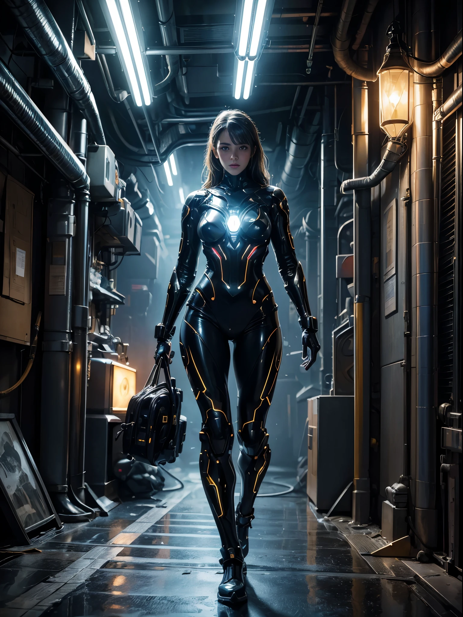 (best quality,4k,8k,highres,masterpiece:1.2),ultra-detailed,(realistic,photorealistic,photo-realistic:1.37),HDR,UHD,studio lighting,ultra-fine painting,sharp focus,physically-based rendering,extreme detail description,professional,vivid colors,bokeh,cell shading, futuristic,girl walking in futuristic subway,wearing cyber tentacle illuminated suit, mystery,(shiny circuits),extremely advanced technology,ambiently ultra detailed