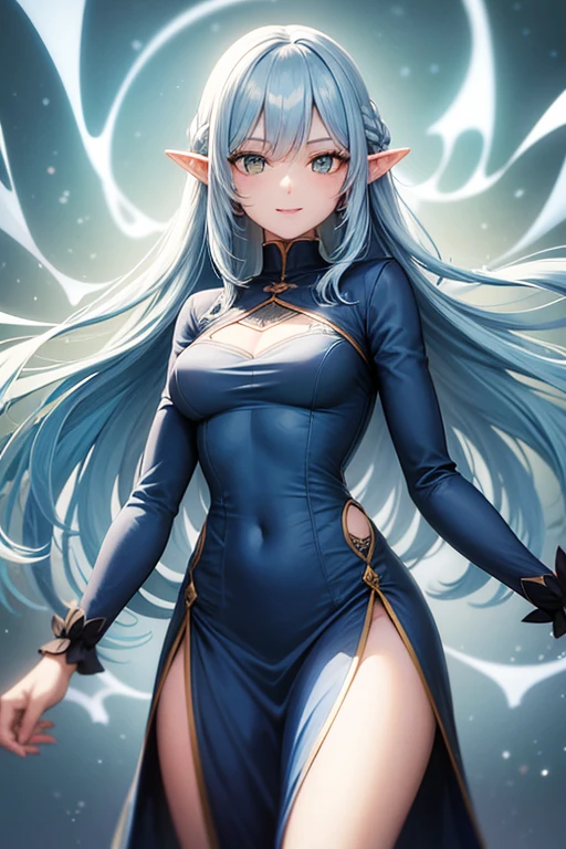 looking at viewer, Yinlin/(Wuthering-Waves)/, 1 female,light blue hair, medium long hair, one dot below each eye, orange silhouette gown, yellow silhouette cloth underneath, large chest, cowboy shot, luminating white string, wreathing green string, high resolution, high quality, smooth image, clear image, short elf ears, long sleeve silhouette light blue cloth, attractive pose, attractive smile, dark setting, bright yellow string, short female puppet doll