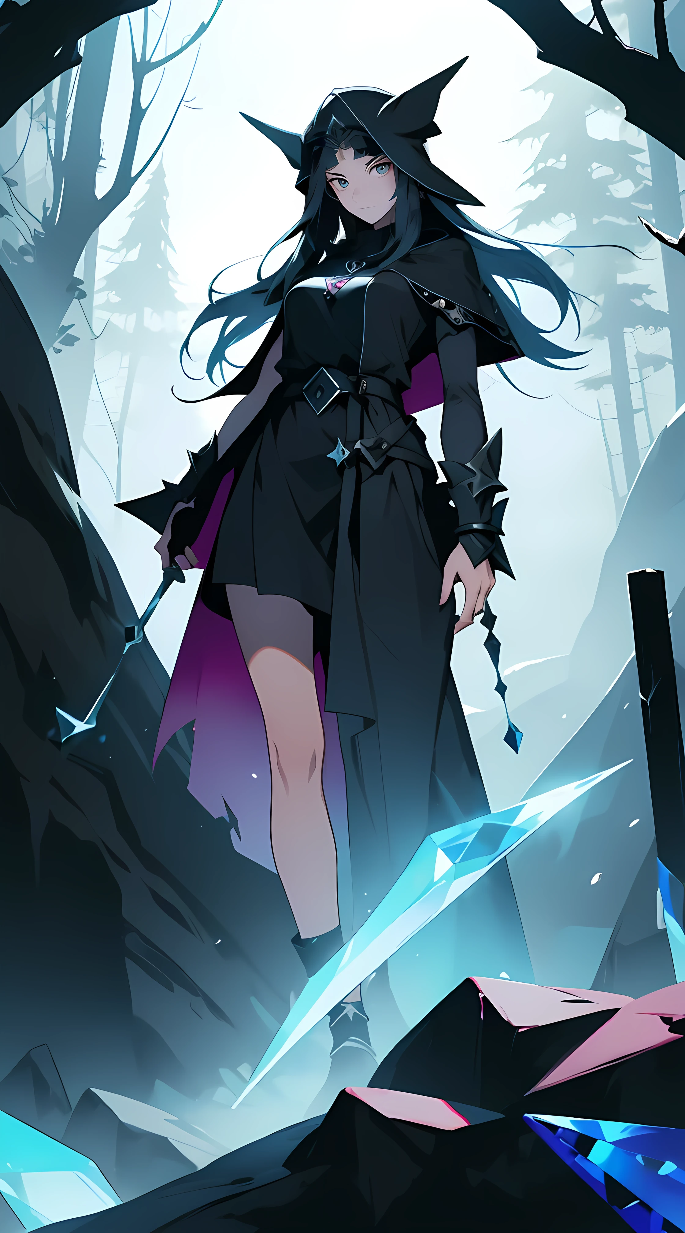 female cloaked in a shadow of abyss, (Nature, Pagan Imagery, magical runes, gems and crystals) fog surrounds her, a fusion between pokemon and monster hunter; anime cartoonish style. Illustated by ken sugimo