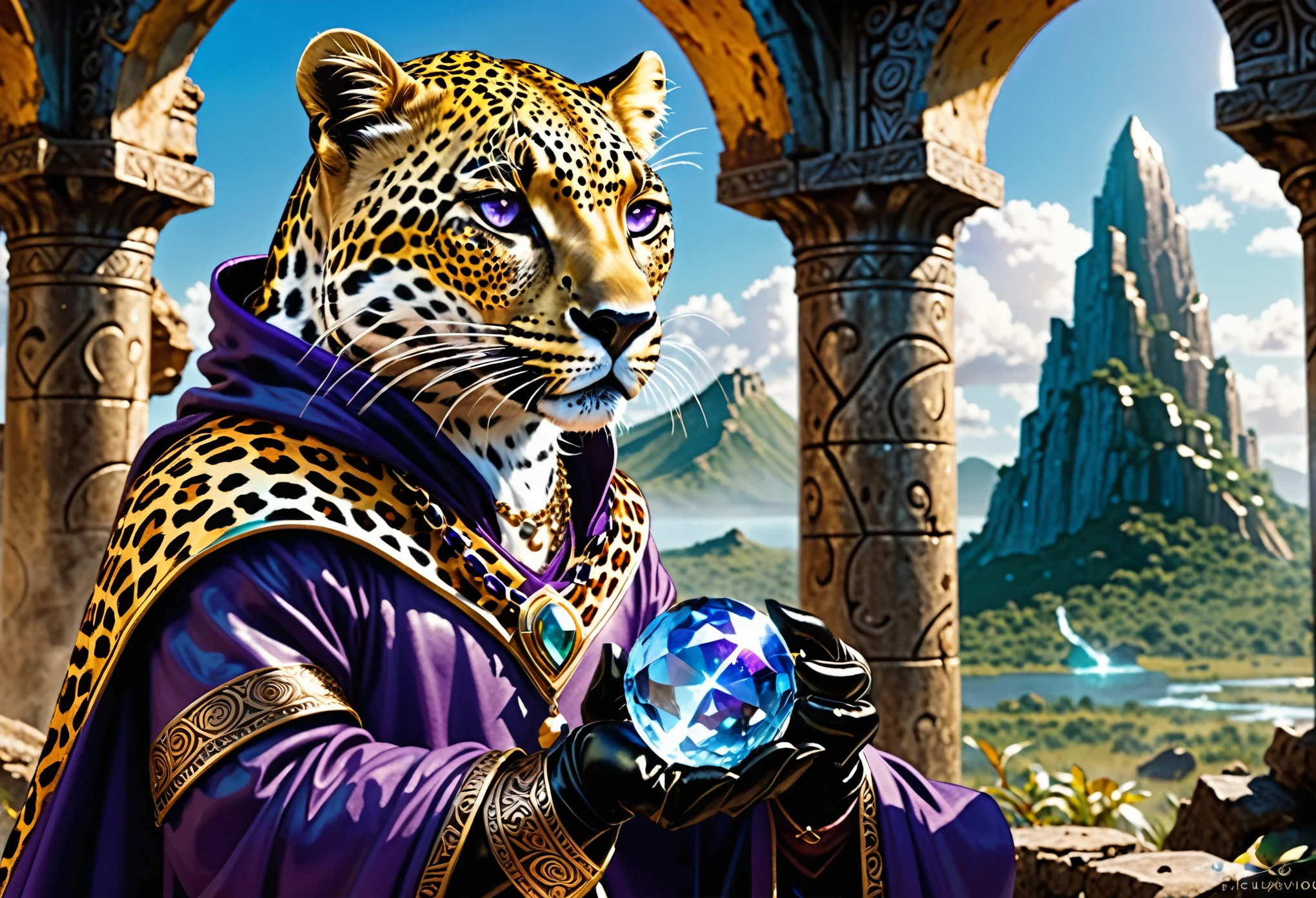 Character: leopard, with face covered in golden fur with dark spots, deep blue eyes and moving feline ears. Clothing: Cloak: Purple, flowing in the wind, with ancient symbols embroidered in gold thread. Leather bag: brown, worn, hanging from the shoulder. T-shirt: Dark purple, tight. Pants: Dark blue jeans. Footwear: Sturdy leather boots, marked by intense use. Accessories: Necklace: Subtly shining crystal pendant. Bracelets: Leather with mystical symbols. Gloves: Fingerless, allowing dexterity.
Image: Leopard finds a pulsating crystal in ancient ruins.
Image Details:
Setting: Ancient ruins in the heart of the island, covered in vegetation.
Leopard:
Action: Touch a pulsating crystal, with an expression of surprise and disturbance.
Visual Effects: Intense light emitted by the crystal, suggesting the vision of the destroyed planet, Origen Panter, being consumed by a living comet.
Perspective and Angle: Close-up of the Leopard touching the crystal, with a view of the destroyed planet in the background.
Style: Epic fantasy illustration, with dramatic lighting and rich details.
Resolution: 150-300 DPI