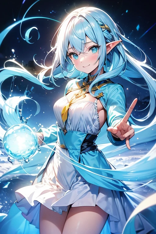 looking at viewer, Yinlin/(Wuthering-Waves)/, 1 female,light blue hair, medium long hair, one dot below each eye, orange silhouette gown, yellow silhouette cloth underneath, large chest, cowboy shot, luminating white string, wreathing green string, high resolution, high quality, smooth image, clear image, short elf ears, long sleeve silhouette light blue cloth, attractive pose, attractive smile, dark setting, bright yellow string, short female puppet doll