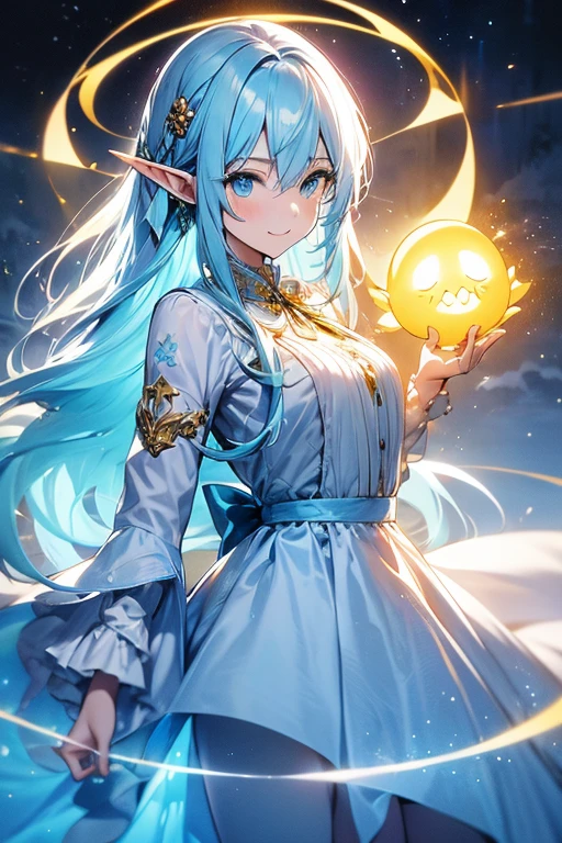 looking at viewer, Yinlin/(Wuthering-Waves)/, 1 female,light blue hair, medium long hair, one dot below each eye, orange silhouette gown, yellow silhouette cloth underneath, large chest, cowboy shot, luminating white string, wreathing green string, high resolution, high quality, smooth image, clear image, short elf ears, long sleeve silhouette light blue cloth, attractive pose, attractive smile, dark setting, bright yellow string, short female puppet doll