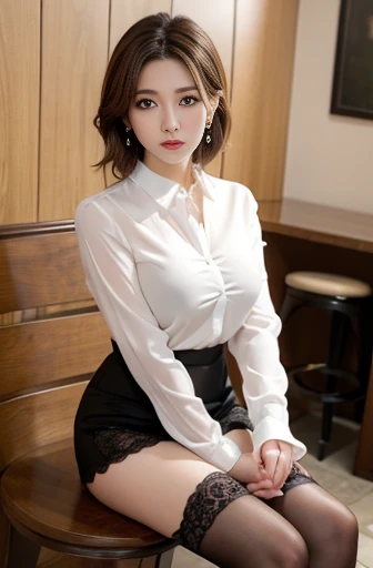 masterpiece, highest quality, Realistic, Very detailed, Finer details, High resolution, 8k wallpaper sex pheromone、Sexy、lure、Mature woman、Lace pattern stockings、Stilettos、Black sexy lingerie、perspective、beauty、((highest quality、8k、masterpiece:1.3))Ultra HD 1.3、SLR Quality、Cute Beauty 1.4、Transcendental Beauty 1.4、Real Skin 1.3、Marble background、Full body depiction 1.3、1 girl、Attractive beautiful woman:1.3、(Light brown short hair 1.3、Big Breasts:1.2)、Valley 1.4、Sexy look、Big eyes、Long sleeve black lace high neck shirt:1.1、Ultra detailed face、Ultra-detailed eyes、Ultra-detailed skin、Very fine needles、Ultra-detailed expression of even the fingertips on the face、Super detail beautiful legs、Very exquisite beautiful hair、Super fine fabric、Put your hand over your mouth、Korean Beauty、black lace skirt、Earrings、Beautiful long legs、High heels、Stand like a model、walk、Stretch your legs、Cute beautiful girl, One beautiful woman, Wear a black see-through shirt, In a great restaurant, At night, Light brown messy hair, Perfect dynamic composition, Beautiful and beautiful eyes、Big earrings、