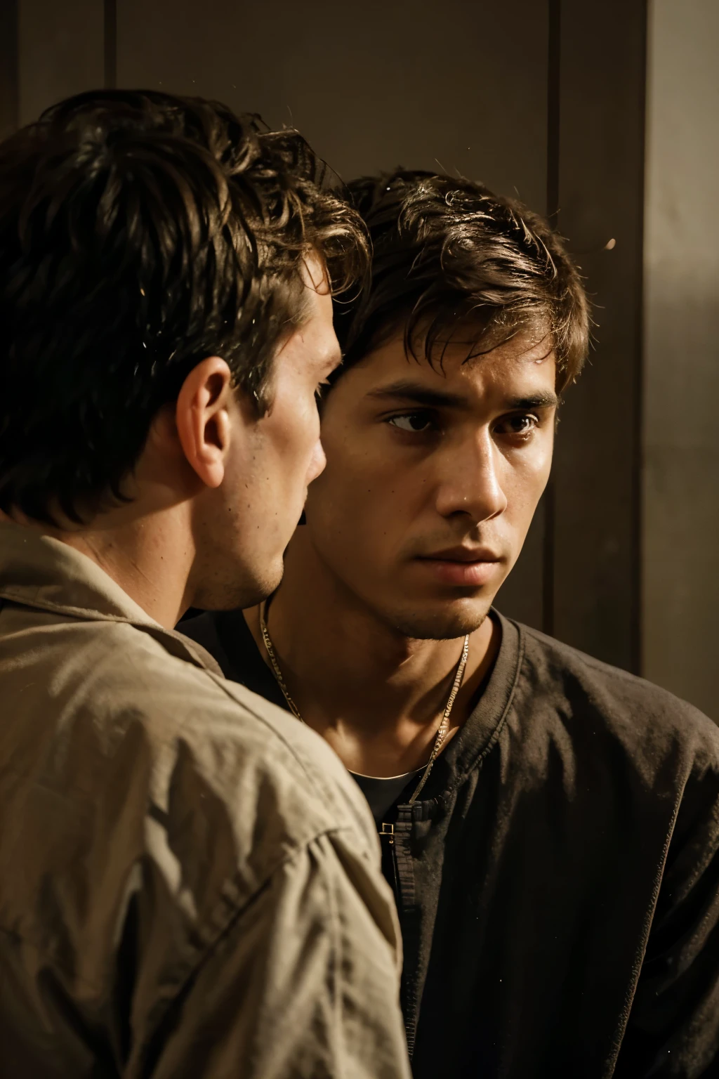A close-up shot of a poor young man in front of a judge, answering questions. The judge, with a stern yet understanding look, leans forward slightly, while the young man, with visible signs of poverty, looks earnest and pleading. Photographed in 4K, super clear and sharp.