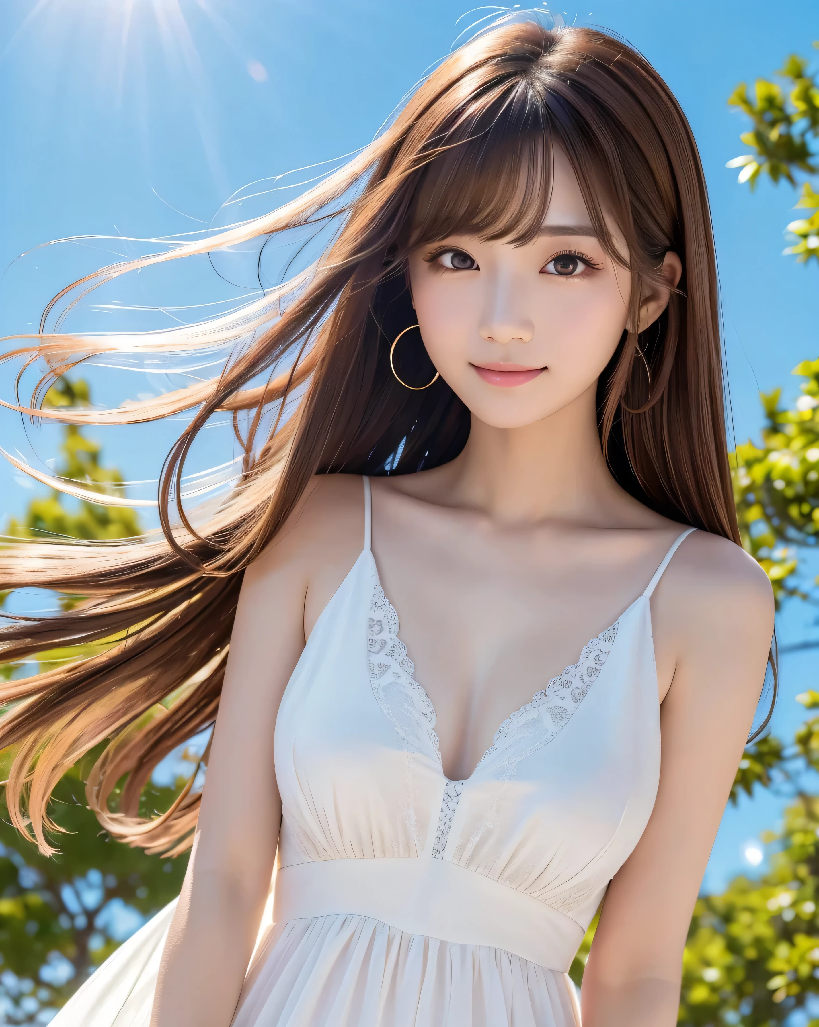 (highest quality, 32k, High resolution, masterpiece:1.5, ), internal_jet, god々Photos with radiant and healing powers., A sense of calm and elusive beauty, Expressing emotions, Have a rich imagination,Beautiful Japanese Girl, Very beautiful face, Small Face Beauty, Perfect Human Anatomy, ((Low Angle:1.0)), ((Looking down)), Magic big eye, Motherhood and generosity, deep love, A fleeting smile, ((Shiny brown hair:1.1)), ((Super Long Straight Silk Hair)), Asymmetrical bangs, Hair between the eyes, transparent, Soft white skin, Sharp eyebrows, Thin lashes, Natural Makeup, Cheek Highlighter, Pale pink lips, , ((White Dress:1.2)), High resolutionの完璧な鎖骨, High resolutionの美しい胸元, Slim figure and ample breasts, High resolutionの美しい太もも, ((Detailed blue sky background:1.3)), Dazzling Sun, Professional Lighting, Professional Photographer, Professional Model, god秘的