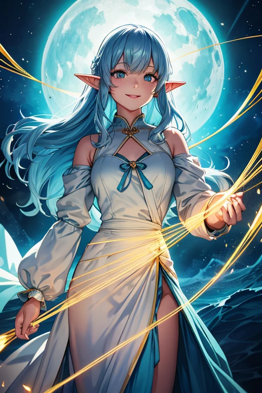 looking at viewer, Yinlin/(Wuthering-Waves)/, 1 female,light blue hair, medium long hair, one dot below each eye, orange silhouette gown, yellow silhouette cloth underneath, large chest, cowboy shot, luminating white string, wreathing green string, high resolution, high quality, smooth image, clear image, short elf ears, long sleeve silhouette light blue cloth, attractive pose, attractive smile, dark setting, bright yellow string, short female puppet doll