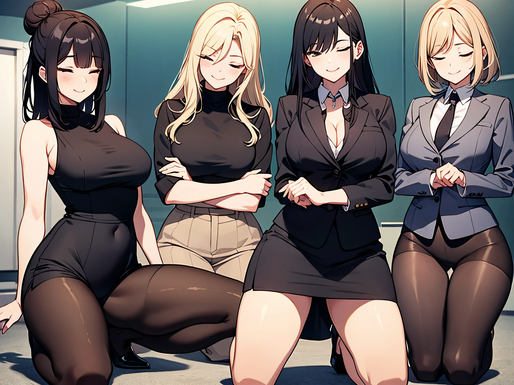 three sexy women in office outfits, flirtatious smiles, kneeling, closed eyes, opened mouths yawning, black bun tied hair