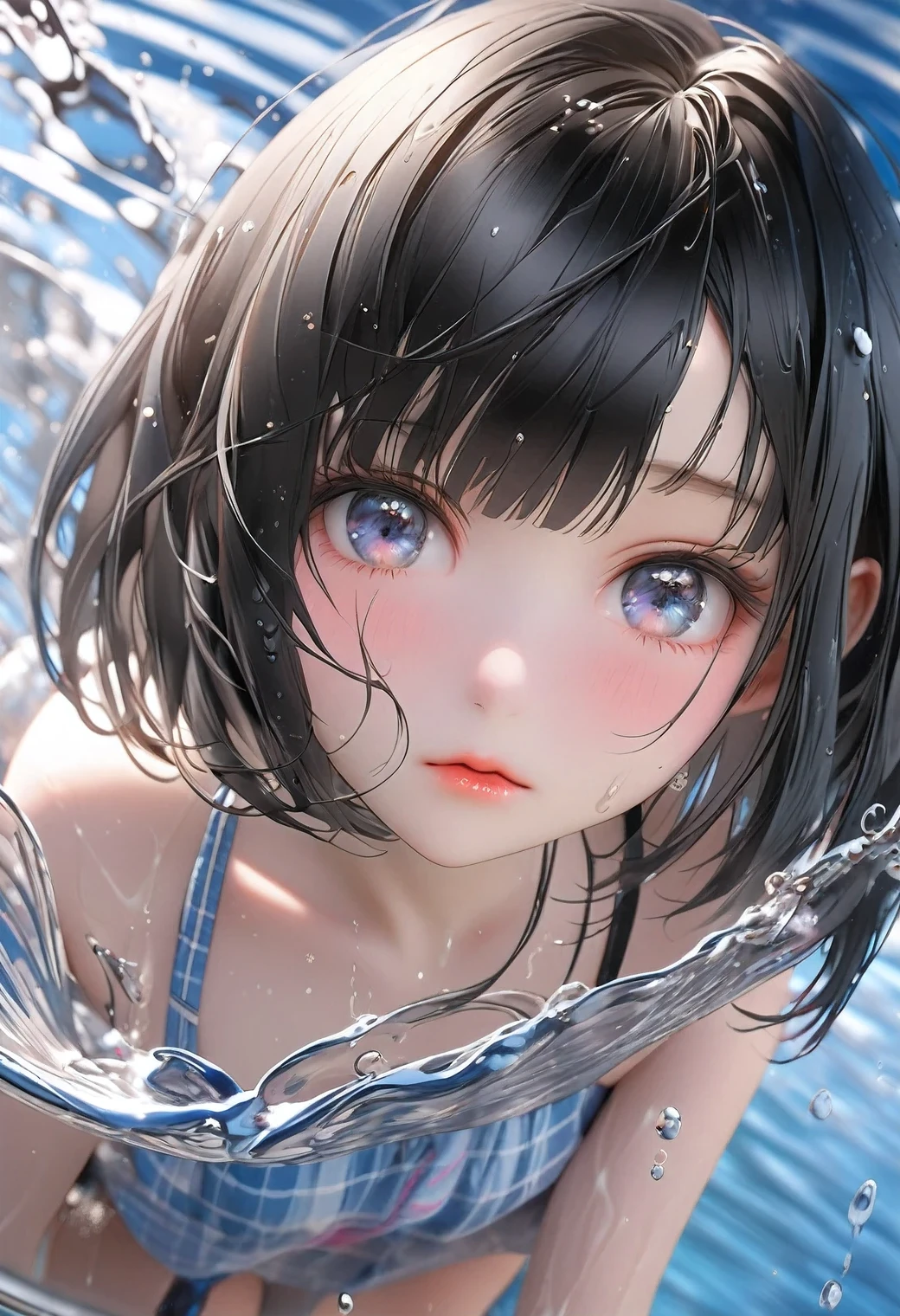 raw photo:1.2, masterpiece, highest quality, 16k, unbelievably absurd, very detailed, perfect beauty, beautiful cute girl, jet black bob cut, closeup eyes, look down, wet hair, splash water, sundress, ultra-realistic:1.8