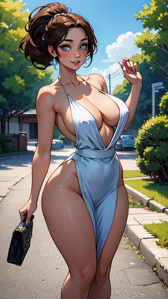 1girl,25yo, she walks on the driveway on leaving the house all happy.
She is beautiful, in a light-coloured dress, very short and very low-cut, which shows off her curvaceous shape, her large breasts, her pronounced hips and narrow waist. A brightening smile and her blue eyes shining with joy, adorned with light make-up, thin eyelashes, a fine, upturned nose and her brown hair fluttering happily.