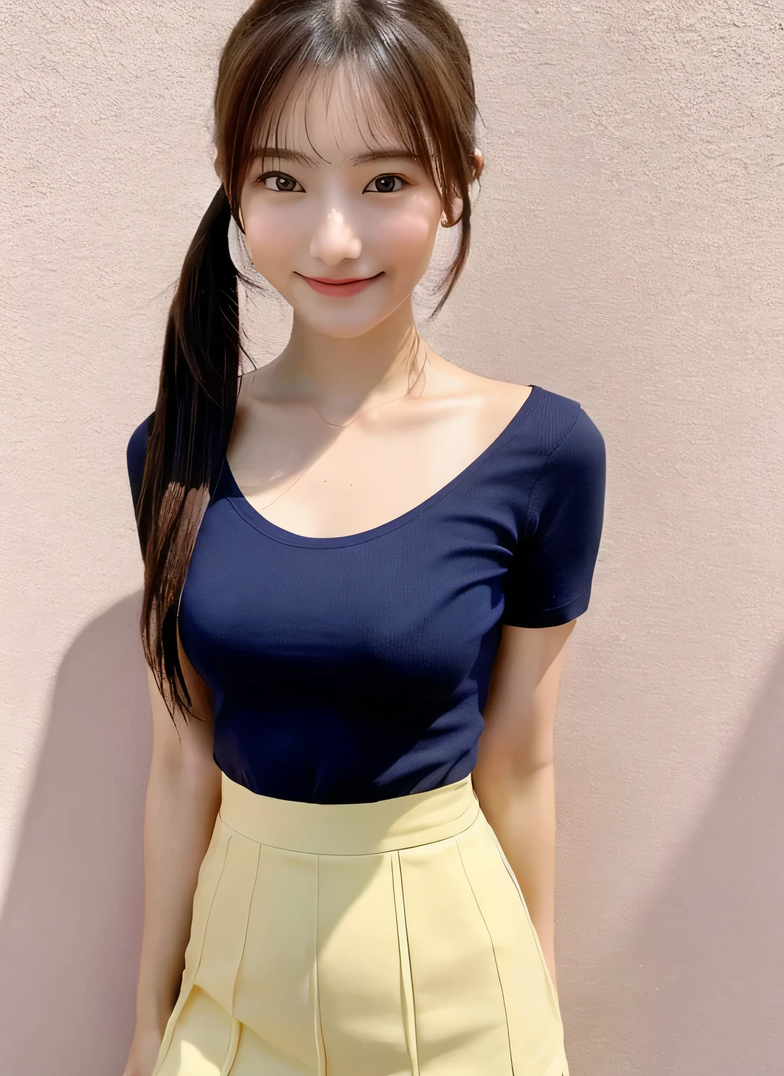 (masterpiece:1.3)、Very fine finish、(High resolution、8k:1.3)、highest quality、Beautiful Hands、Beautiful Hands指、(Ultra-realistic as a photo:1.3), ((超High resolution)),8K,13 years old、slender、Small breasts、Flat Chest、Small breasts, , Twin tails, Yellow mini skirt, Navy blue Y-shirt、Small breasts cleavage 2:1,Idol Sculpture, Wet, smile、Pink wall、sexy、slender、Well-shaped small breasts、I can see your thighs、