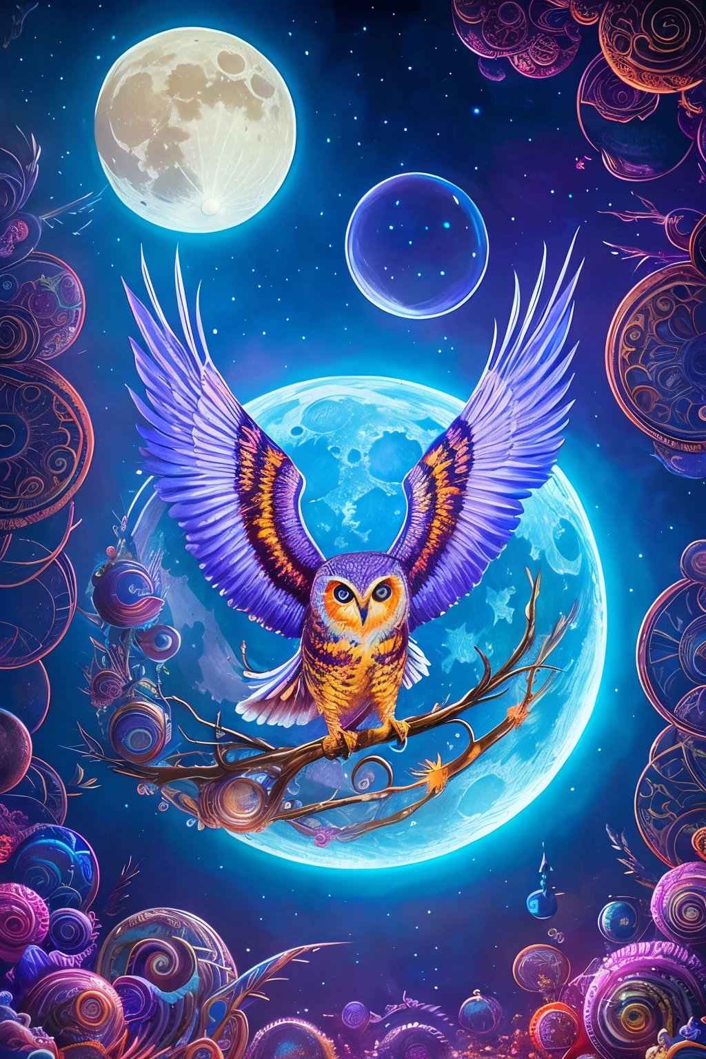 an owl flying over a moon with swirling clouds and bubbles, hyper - detailed visionary art, highly detailed visionary art, beeple and jeremiah ketner, intricate fantasy painting, hyper detailed visionary art, dan mumford and alex grey style, by Tomek Setowski, radiant owl, visionary art style, detailed fantasy digital art, highly detailed digital art