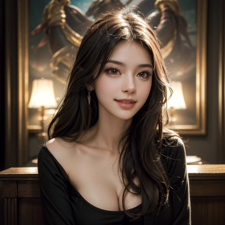 a beautiful russian woman in her 20s, light brown hair, fine white skin, attractive face, tight waist, cleavage, smiling kindly, active posing, detailed eyes, beautiful detailed nose, beautiful detailed lips, long eyelashes, perfectly balanced body, (best quality,8k,highres,masterpiece:1.2),ultra-detailed,(realistic,photorealistic,photo-realistic:1.37),HDR,UHD,studio lighting,ultra-fine painting,sharp focus,physically-based rendering,extreme detail description,professional,vivid colors,bokeh,portrait,seductive gaze, wearing a loose jacket,black clothes,nice smile