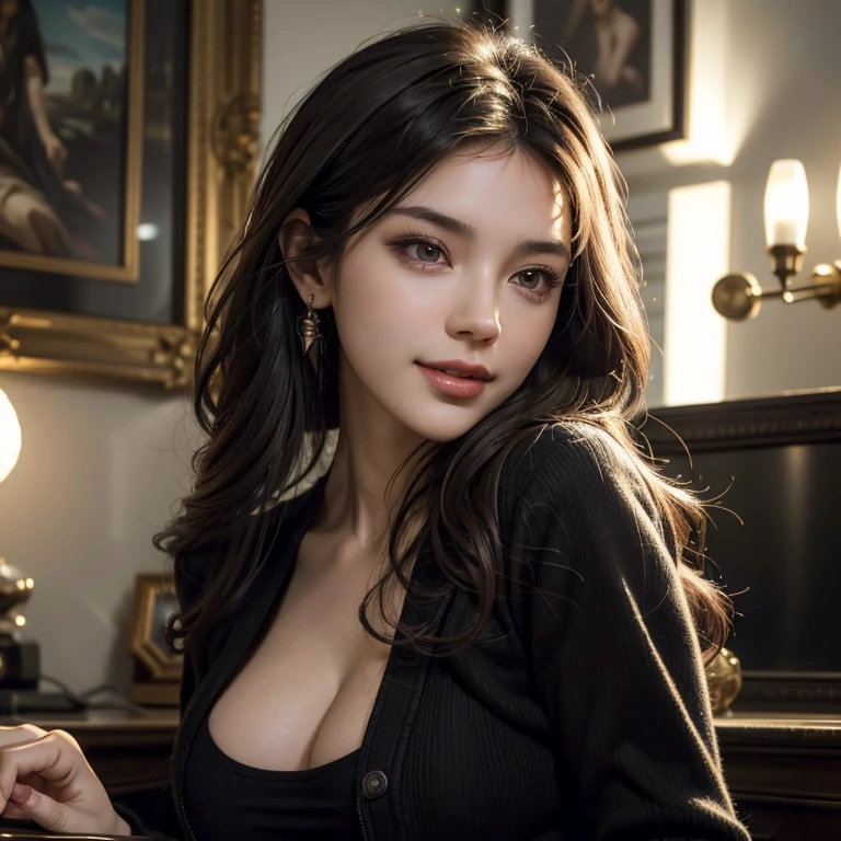 a beautiful russian woman in her 20s, light brown hair, fine white skin, attractive face, tight waist, cleavage, smiling kindly, active posing, detailed eyes, beautiful detailed nose, beautiful detailed lips, long eyelashes, perfectly balanced body, (best quality,8k,highres,masterpiece:1.2),ultra-detailed,(realistic,photorealistic,photo-realistic:1.37),HDR,UHD,studio lighting,ultra-fine painting,sharp focus,physically-based rendering,extreme detail description,professional,vivid colors,bokeh,portrait,seductive gaze, wearing a loose jacket,black clothes,nice smile