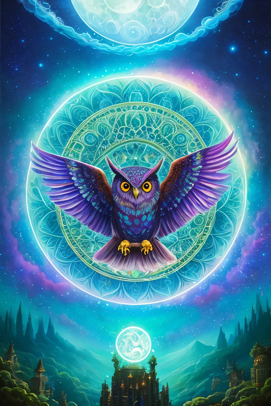 an owl flying over a moon with swirling clouds and bubbles, digital art by Tomek Setowski, behance contest winner, psychedelic art, hyper - detailed visionary art, highly detailed visionary art, beeple and jeremiah ketner, intricate fantasy painting, hyper detailed visionary art, dan mumford and alex grey style, radiant owl, visionary art style