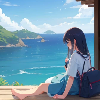 A beautiful girl taking a nap on a hill overlooking the sea、The season is early summer、Cool、Casual clothing、Lots of background、Japanese anime style