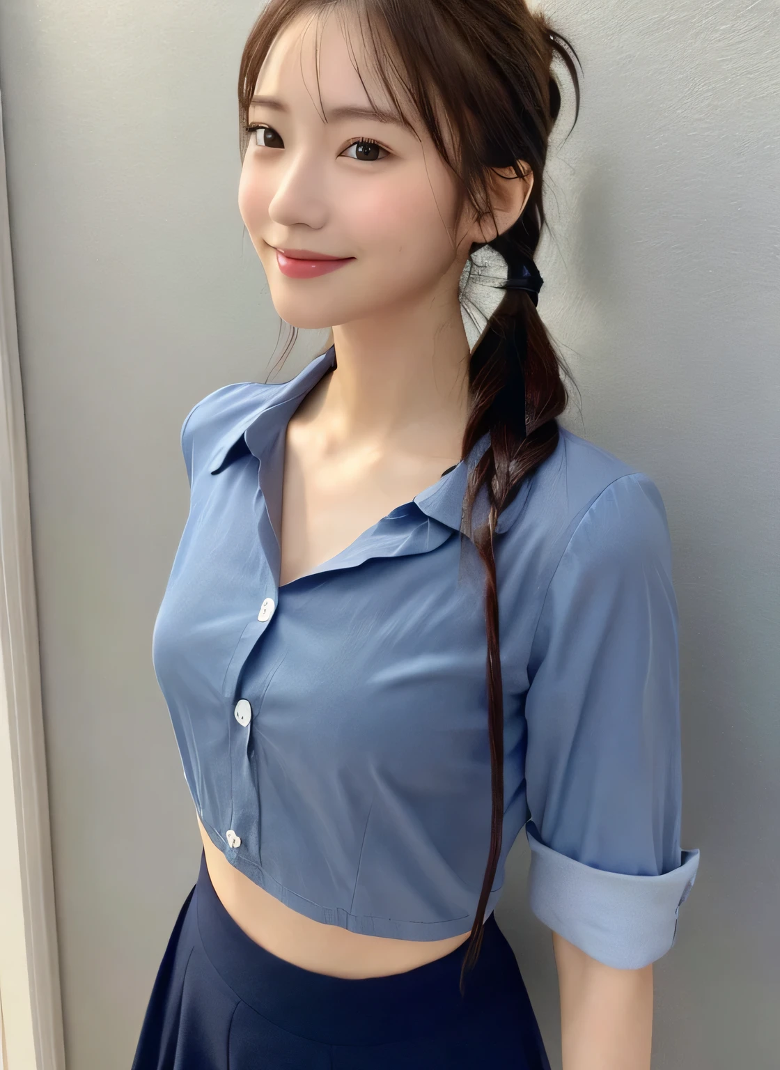 (masterpiece:1.3)、Very fine finish、(High resolution、8k:1.3)、highest quality、Beautiful Hands、Beautiful Hands指、(Ultra-realistic as a photo:1.3), ((超High resolution)),8K,13 years old、slender、Small breasts、Flat Chest、Small breasts, , Twin tails, Yellow mini skirt, Navy blue Y-shirt、Small breasts cleavage 2:1,Idol Sculpture, Wet, smile、Pink wall、sexy、slender、Well-shaped small breasts、I can see your thighs、