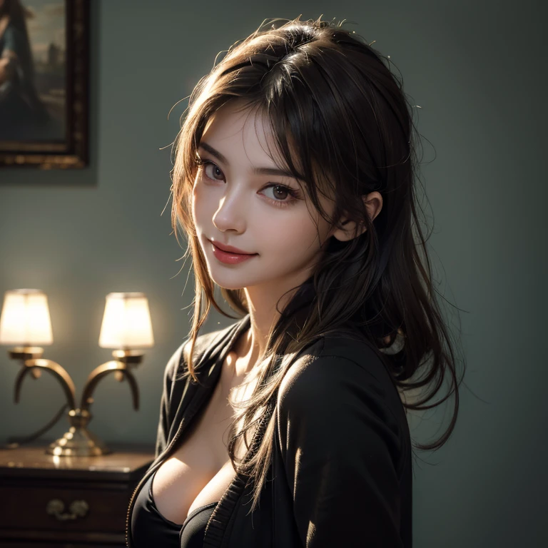 a beautiful russian woman in her 20s, light brown hair, fine white skin, attractive face, tight waist, cleavage, smiling kindly, active posing, detailed eyes, beautiful detailed nose, beautiful detailed lips, long eyelashes, perfectly balanced body, (best quality,8k,highres,masterpiece:1.2),ultra-detailed,(realistic,photorealistic,photo-realistic:1.37),HDR,UHD,studio lighting,ultra-fine painting,sharp focus,physically-based rendering,extreme detail description,professional,vivid colors,bokeh,portrait,seductive gaze, wearing a loose jacket,black clothes,nice smile