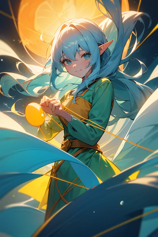looking at viewer, Yinlin/(Wuthering-Waves)/, 1 female,light blue hair, medium long hair, one dot below each eye, orange silhouette gown, yellow silhouette cloth underneath, large chest, cowboy shot, luminating white string, wreathing green string, high resolution, high quality, smooth image, clear image, short elf ears, long sleeve silhouette light blue cloth, attractive pose, attractive smile, dark setting, bright yellow string, short female puppet doll