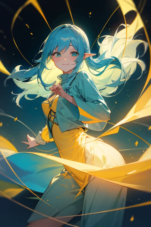 looking at viewer, Yinlin/(Wuthering-Waves)/, 1 female,light blue hair, medium long hair, one dot below each eye, orange silhouette gown, yellow silhouette cloth underneath, large chest, cowboy shot, luminating white string, wreathing green string, high resolution, high quality, smooth image, clear image, short elf ears, long sleeve silhouette light blue cloth, attractive pose, attractive smile, dark setting, bright yellow string, short female puppet doll