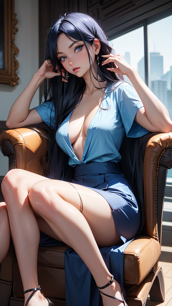 1 very sexy woman, 35yo, dark long hair, blue eyes, she is sitting in front of me, she has big , she's wearing a White blouse and a short flowing blue shirt, expising her perfect sexy leg in black pantihose, one leg with foot Leaning on the chair were i'm sitting