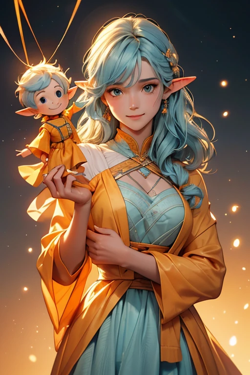 looking at viewer, Yinlin/(Wuthering-Waves)/, 1 female,light blue hair, medium long hair, one dot below each eye, orange silhouette gown, yellow silhouette cloth underneath, large chest, cowboy shot, luminating white string, wreathing green string, high resolution, high quality, smooth image, clear image, short elf ears, long sleeve silhouette light blue cloth, attractive pose, attractive smile, dark setting, bright yellow string, short female puppet doll