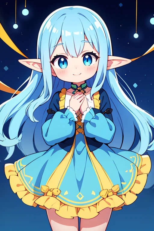 looking at viewer, Yinlin/(Wuthering-Waves)/, 1 female,light blue hair, medium long hair, one dot below each eye, orange silhouette gown, yellow silhouette cloth underneath, large chest, cowboy shot, luminating white string, wreathing green string, high resolution, high quality, smooth image, clear image, short elf ears, long sleeve silhouette light blue cloth, attractive pose, attractive smile, dark setting, bright yellow string, short female puppet doll