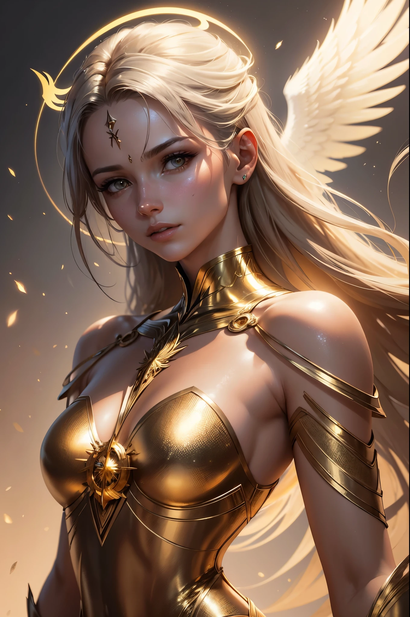 Anjo blindado dourado, Asas feitas de energia, metallic halo, sem rosto, encapuzado, ouro, fantasia, arte conceitual, ultra realistic, Arte dos personagens por Greg Rutkowski
