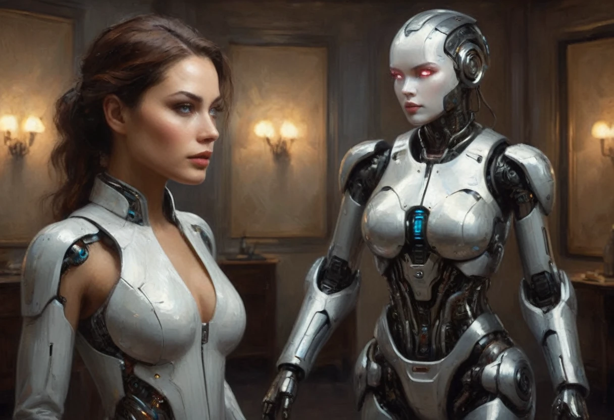 a highly detailed cyborg woman,robot companion (pleasure model),approaching her mistress,in bedroom,removes her sci-fi outfit,revealing soft and shapely form (about 50% human looking),cinematic lighting,hyper realistic,detailed futuristic android,intricate mechanical components,seamless integration of organic and cybernetic elements,flawless skin texture,dynamic pose,delicate facial features,luminescent eyes,glowing highlights,moody color palette,dramatic chiaroscuro lighting,cinematic atmosphere,masterpiece
