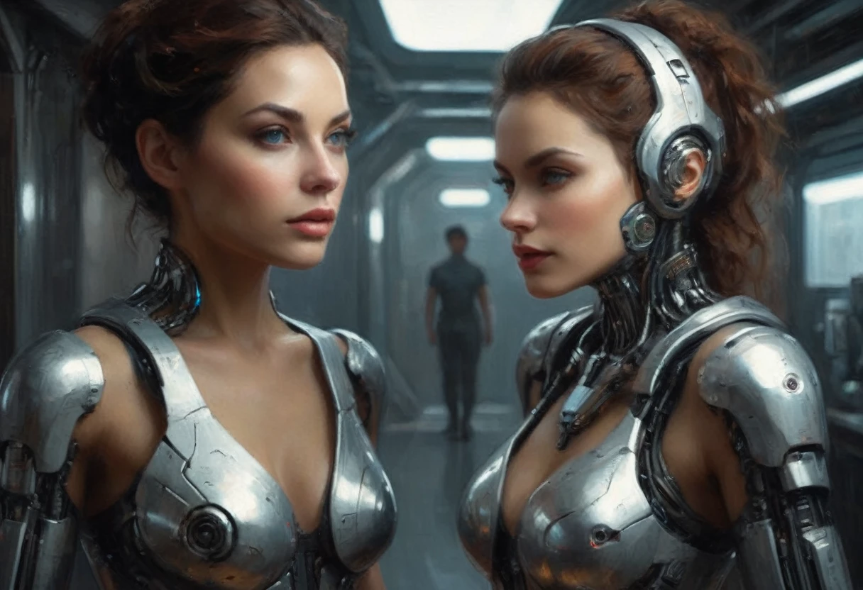 a highly detailed cyborg woman,robot companion (pleasure model),approaching her mistress,in bedroom,removes her sci-fi outfit,revealing soft and shapely form (about 50% human looking),cinematic lighting,hyper realistic,detailed futuristic android,intricate mechanical components,seamless integration of organic and cybernetic elements,flawless skin texture,dynamic pose,delicate facial features,luminescent eyes,glowing highlights,moody color palette,dramatic chiaroscuro lighting,cinematic atmosphere,masterpiece
