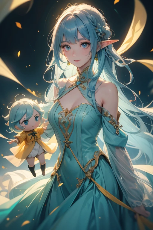 looking at viewer, Yinlin/(Wuthering-Waves)/, 1 female,light blue hair, medium long hair, one dot below each eye, orange silhouette gown, yellow silhouette cloth underneath, large chest, cowboy shot, luminating white string, wreathing green string, high resolution, high quality, smooth image, clear image, short elf ears, long sleeve silhouette light blue cloth, attractive pose, attractive smile, dark setting, bright yellow string, short female puppet doll