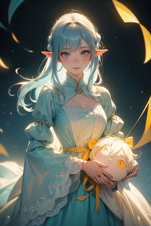 looking at viewer, Yinlin/(Wuthering-Waves)/, 1 female,light blue hair, medium long hair, one dot below each eye, orange silhouette gown, yellow silhouette cloth underneath, large chest, cowboy shot, luminating white string, wreathing green string, high resolution, high quality, smooth image, clear image, short elf ears, long sleeve silhouette light blue cloth, attractive pose, attractive smile, dark setting, bright yellow string, short female puppet doll