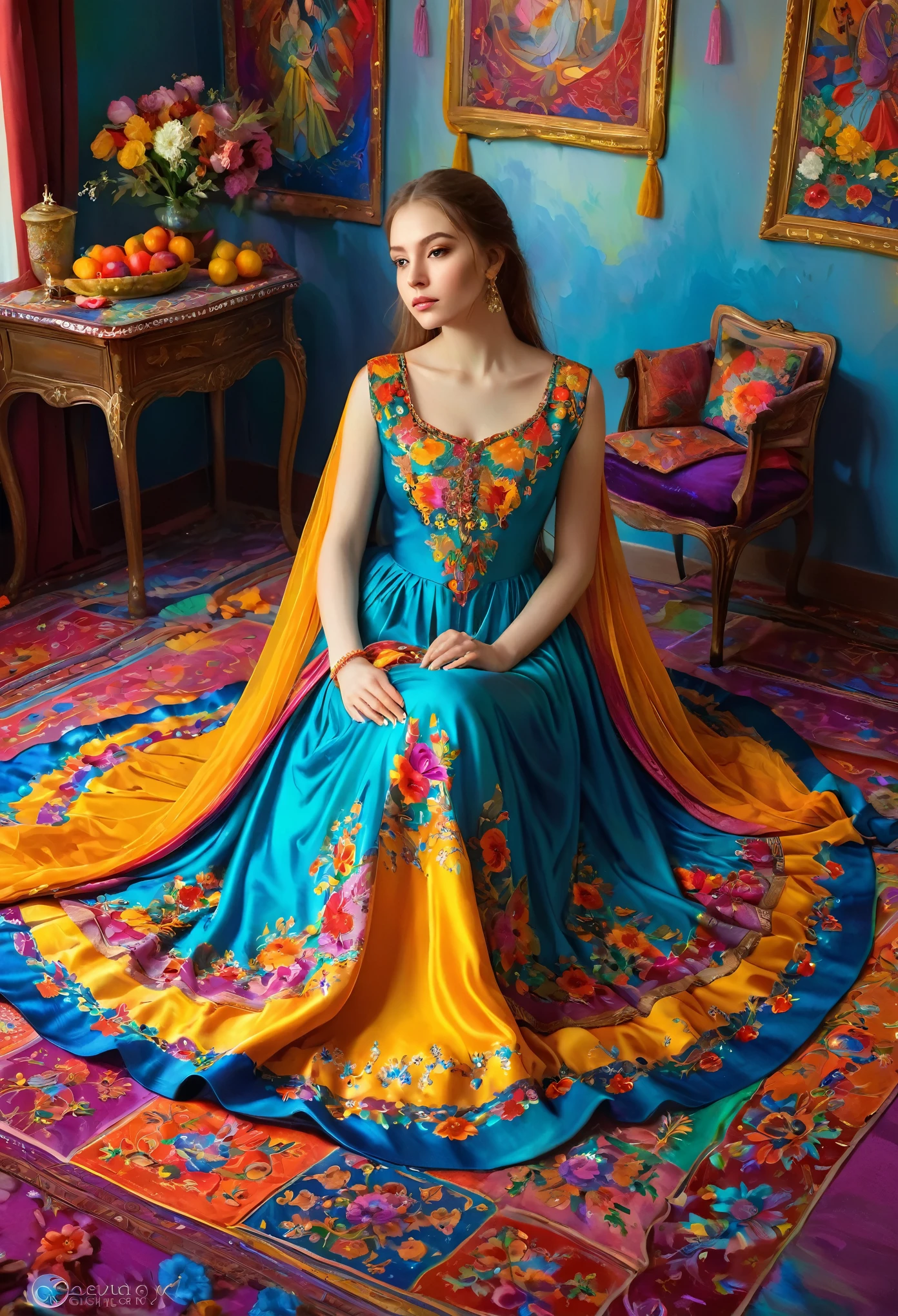 woman sitting on colorful carpet in room with painting, painting by Maria Bashkirtseva, winner of the cgsociety competition, fantasy art, Colorful Renaissance Dress, colorful clothes, beautiful colorful, Beautiful and colorful, An innocent look. rich bright colors, with beautiful flowers, dressed in colorful silk, Rich, deep colours. masterpiece, bright and rich colors