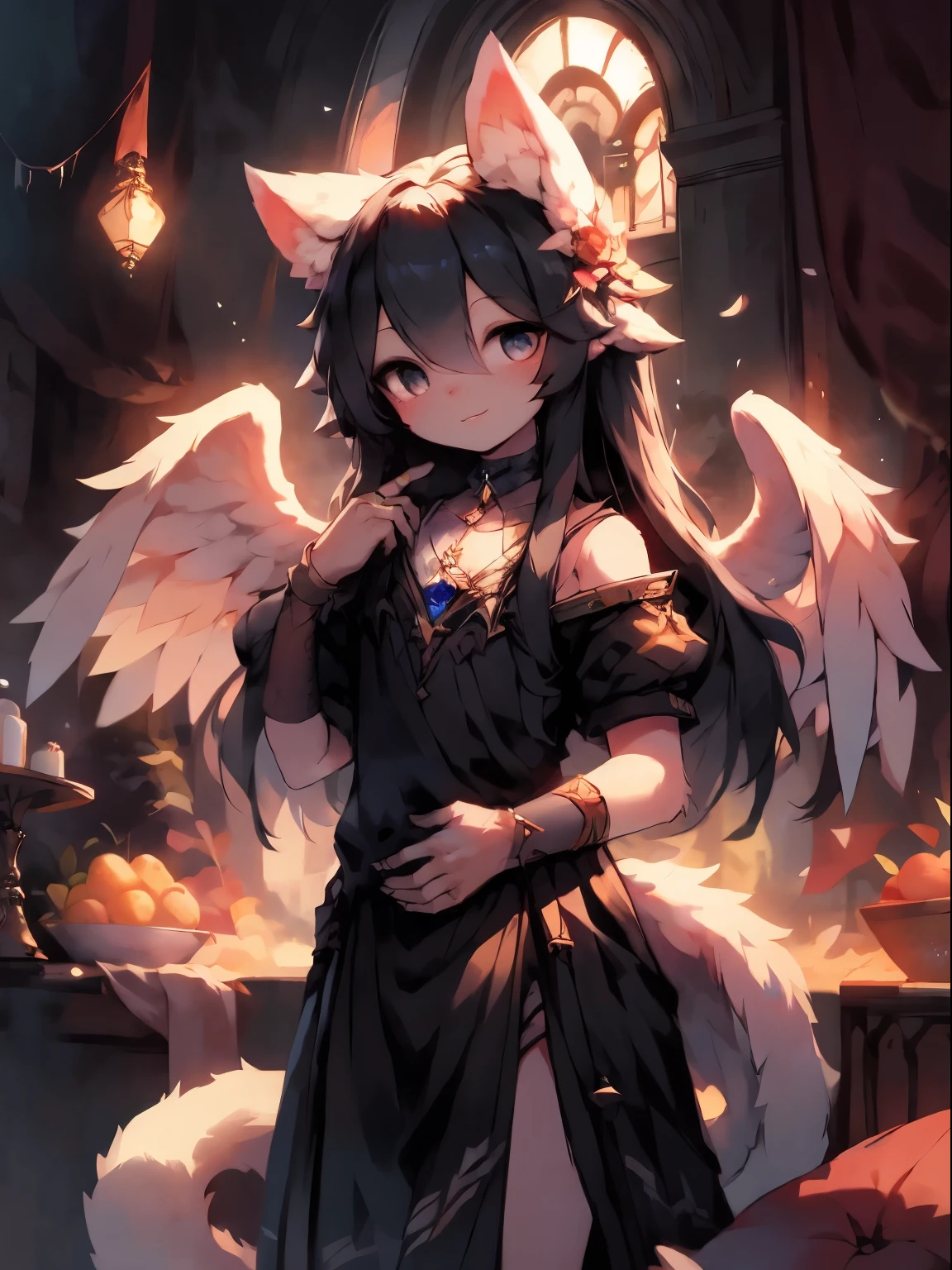 black long hair, 1girl, lovely cute, standing, masterpiece, high resolution, 9K, detailed background, best quality, sexual, ((solo)), angel wings, angel ring