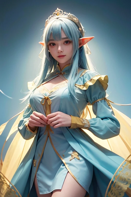 looking at viewer, Yinlin/(Wuthering-Waves)/, 1 female,light blue hair, medium long hair, one dot below each eye, orange silhouette gown, yellow silhouette cloth underneath, large chest, cowboy shot, luminating white string, wreathing green string, high resolution, high quality, smooth image, clear image, short elf ears, long sleeve silhouette light blue cloth, attractive pose, attractive smile, dark setting, bright yellow string, short female puppet doll