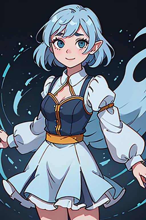 looking at viewer, Yinlin/(Wuthering-Waves)/, 1 female,light blue hair, medium long hair, one dot below each eye, orange silhouette gown, yellow silhouette cloth underneath, large chest, cowboy shot, luminating white string, wreathing green string, high resolution, high quality, smooth image, clear image, short elf ears, long sleeve silhouette light blue cloth, attractive pose, attractive smile, dark setting, bright yellow string, short female puppet doll
