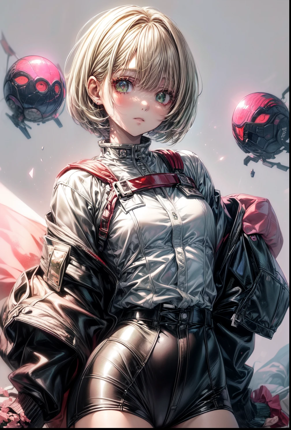 (masterpiece、highest quality, Tokyo ghoul,kanike Ken、Highest Resolution、space, astronaut ,Clear_image、Detailed details、): (Whole body、One 20 year old girl、Japanese Faces、Small Face、Slender、 white super short bob cut hair、Sparkling green eyes、Shiny pilot suit in pink and white colors、Tight fitting clothes