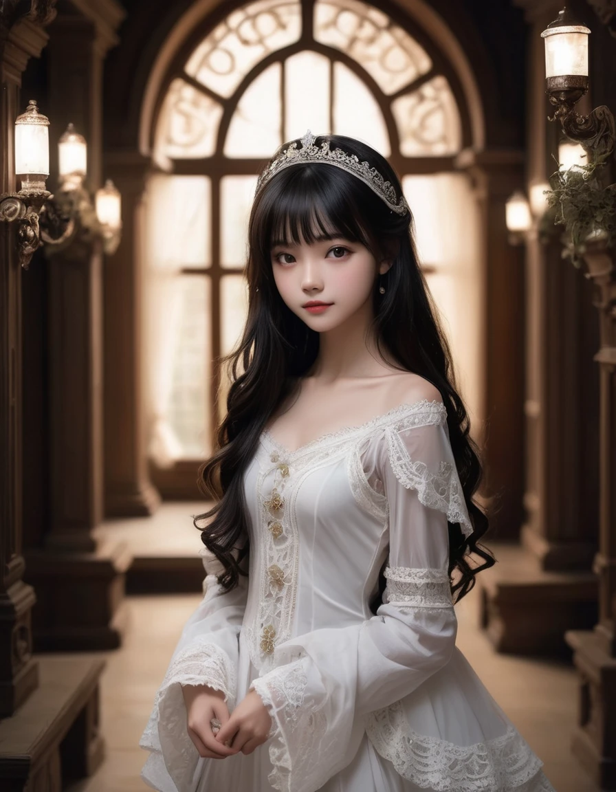 (adolescence girl), (petite), smile, (white detailed princess dress with many frills), (frilly long sleeves, lace cloak), beautiful tender eyes symmetrical, (beautiful and detailed face), (beautiful long black hair), blunt bangs, The princess enters the dimly lit and mysterious mansion. disheveled hair, detailed eyes, perfect composition, moist skin, intricate details, vibrant, beautiful,