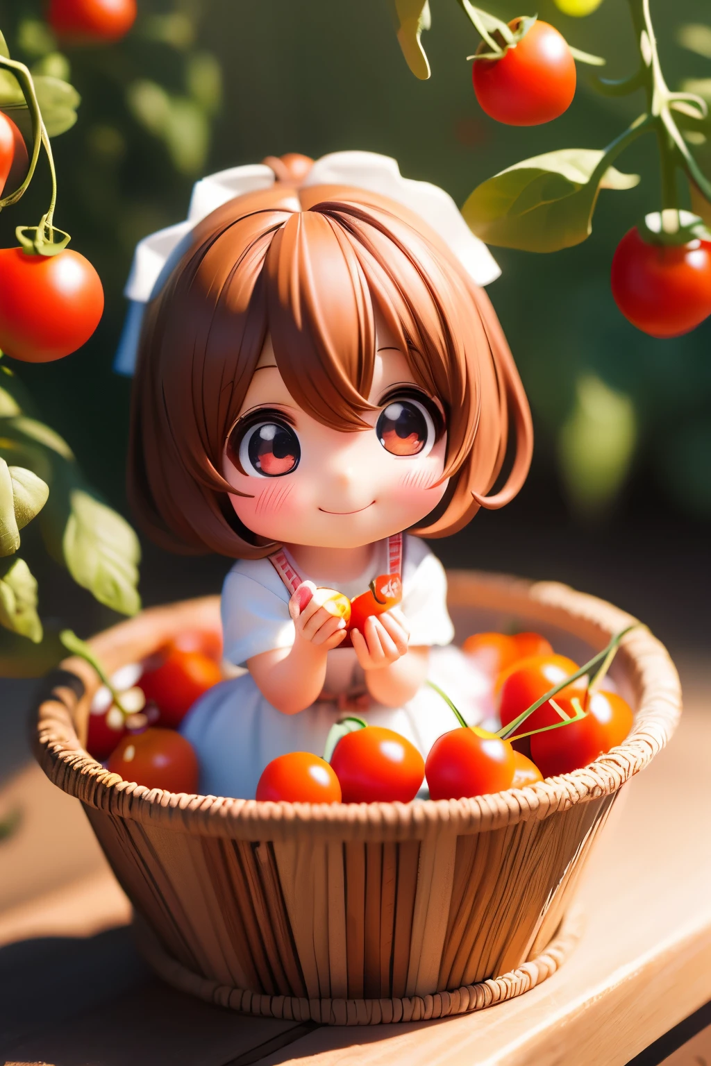 Photorealistic、Chibi Girl(Harvesting cherry tomatoes、A lot of cherry tomatoes in a basket、smile)