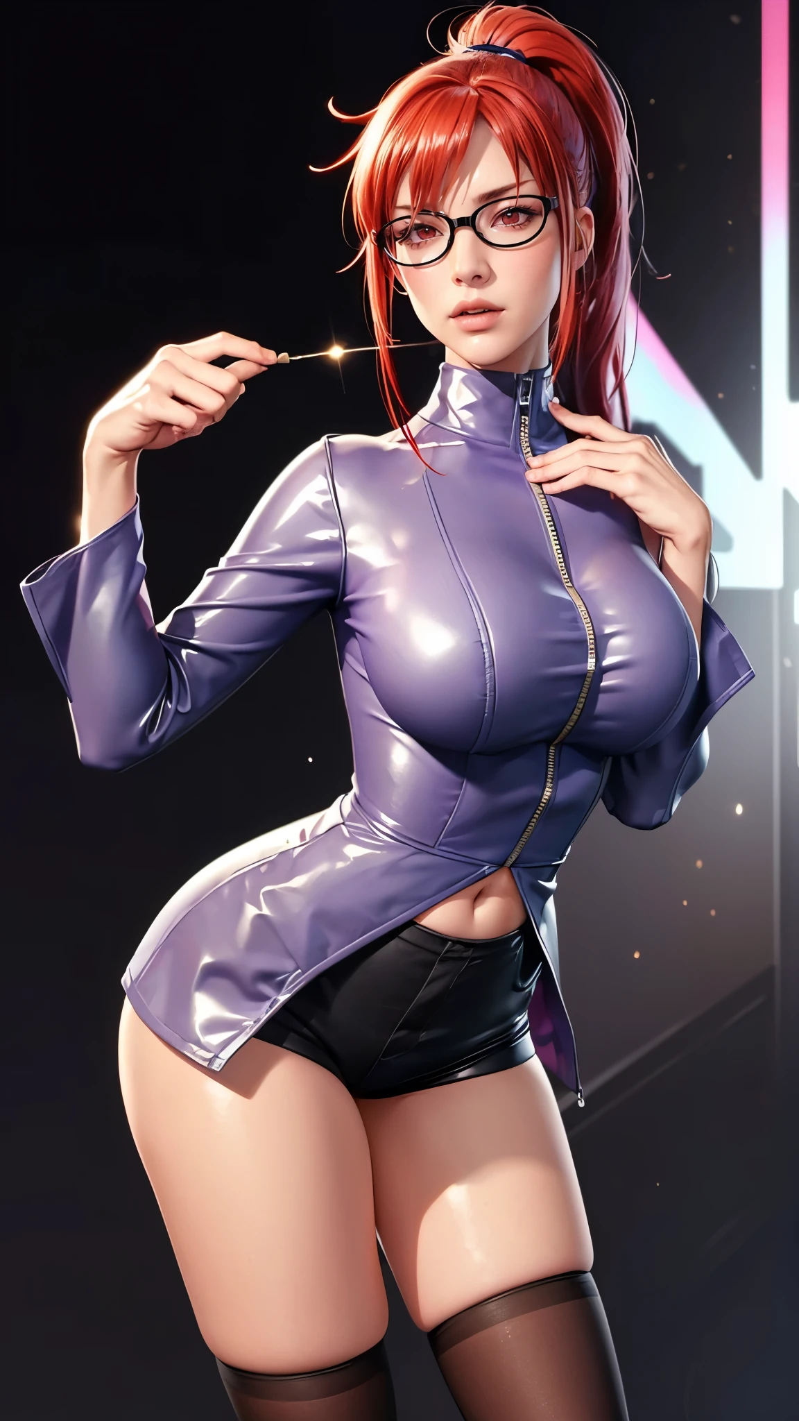 （（（完美figure，figure，solo， White and tender skin，（（（Cyberpunk，purple jacket,long shirt，navel，black shorts，black thighhighs，zipper ））），（（（karinuzumaki，red hair，long hair，glasses，red eyes，Ponytail））），((masterpiece)),high resolution, ((Best quality at best))，masterpiece，quality，Best quality，（（（ Exquisite facial features，Looking at the audience,There is light in the eyes，(（（lol，Happy，blush））），））），（（（Light and shadow，Huge breasts））），（（（Looking at the camera，black background，Bend forward)）））