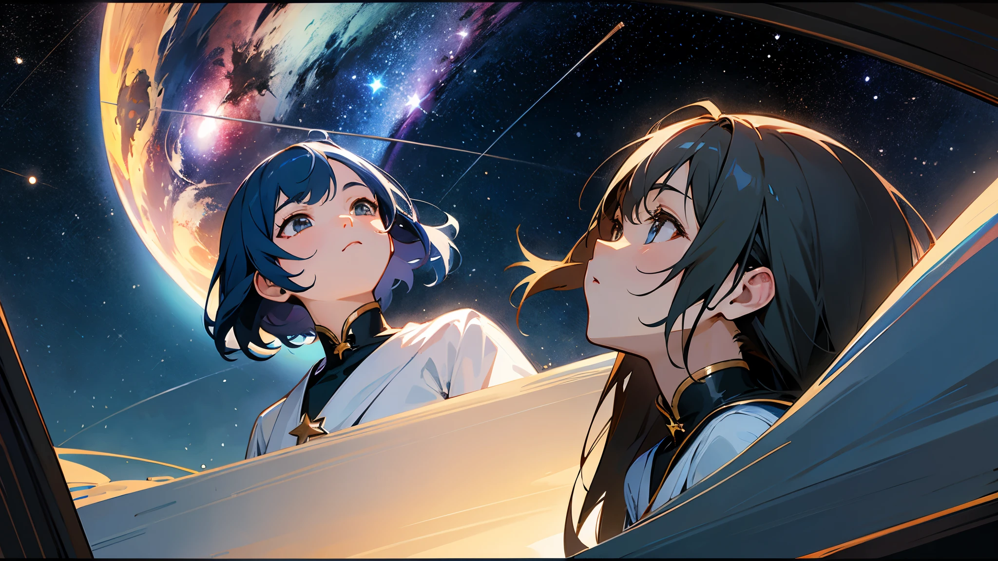 (masterpiece、Best Quality: 1.2)、Provocative composition、Low - Angle、From below、Look Up、Cinematic Anime、universe、universe、milky way、Cosmos、惑star、star、universe飛行士、whole body、Super detailed、Beautiful Face、Fine grain、Anime clips of three girls floating in great detail、Correct Anatomy、Incredible Absades