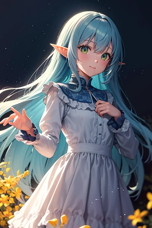 looking at viewer, Yinlin/(Wuthering-Waves)/, 1 female,light blue hair, medium long hair, one dot below each eye, orange silhouette gown, yellow silhouette cloth underneath, large chest, cowboy shot, luminating white string, wreathing green string, high resolution, high quality, smooth image, clear image, short elf ears, long sleeve silhouette light blue cloth, attractive pose, attractive smile, dark setting, bright yellow string, short female puppet doll