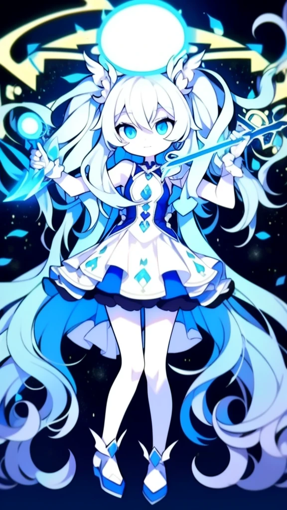 girl,k hd,4K,face expressionless,style of anime,sideface,blue color eyes,white color hair,((full body)),Confused eyes,(default character)SD character, masterpiece,best quality,ultra detailed,4K,super fine illustration,highly detailed beautiful face and eyes,cyan color scheme, lighting,fantasy,extremely solemn atmosphere,long hair,floating hair,smirk,fighting stance,dynamic pose,(holding glowing sword:1.3),particle light,luminescence,plasma,electric current,blue flame,sense of depth,dynamic angle,